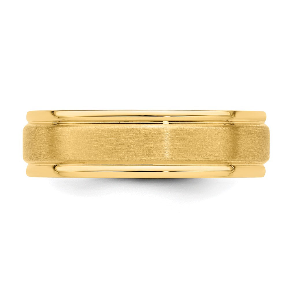 14k Yellow Gold 6mm Heavyweight Comfort Fit Brushed Satin/Polished Grooved Edge Wedding Band Size 13