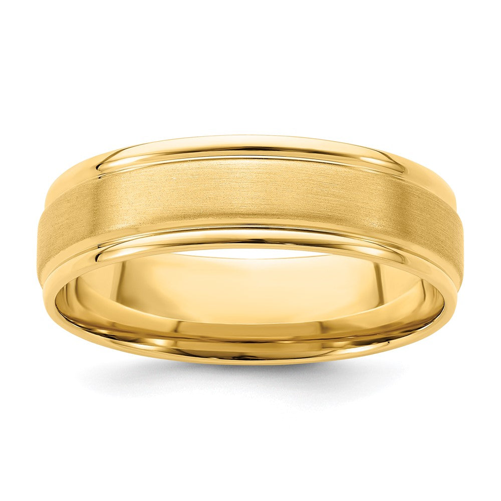 14k Yellow Gold 6mm Heavyweight Comfort Fit Brushed Satin/Polished Grooved Edge Wedding Band Size 7.5