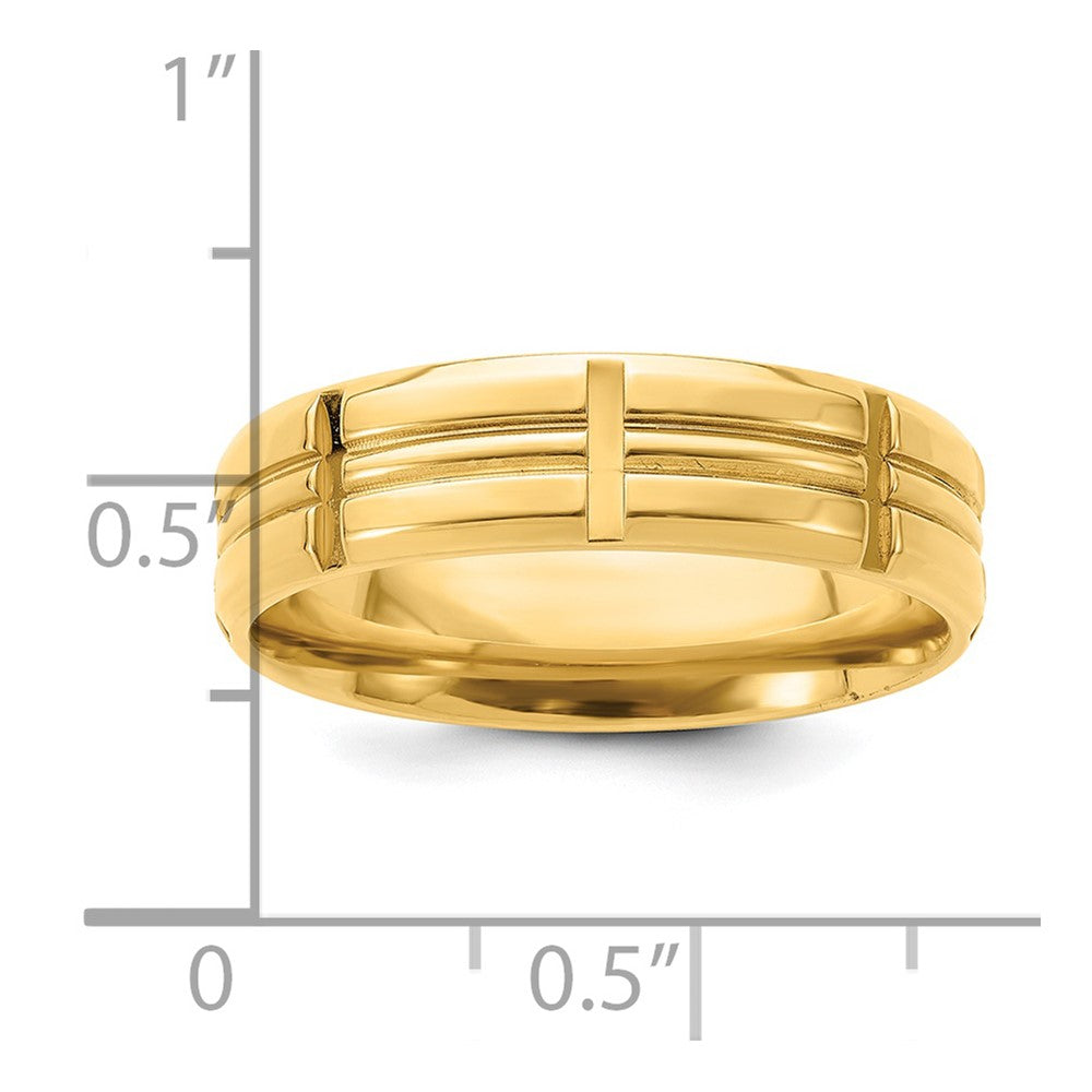 14k Yellow Gold 6mm Standard Weight Comfort Fit Brushed Satin Grooved with Vertical Lines Wedding Band Size 11