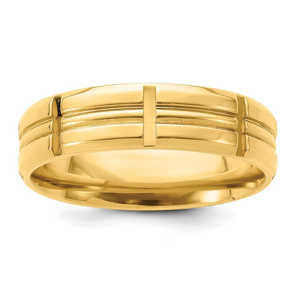 14k Yellow Gold 6mm Standard Weight Comfort Fit Brushed Satin Grooved with Vertical Lines Wedding Band Size 11