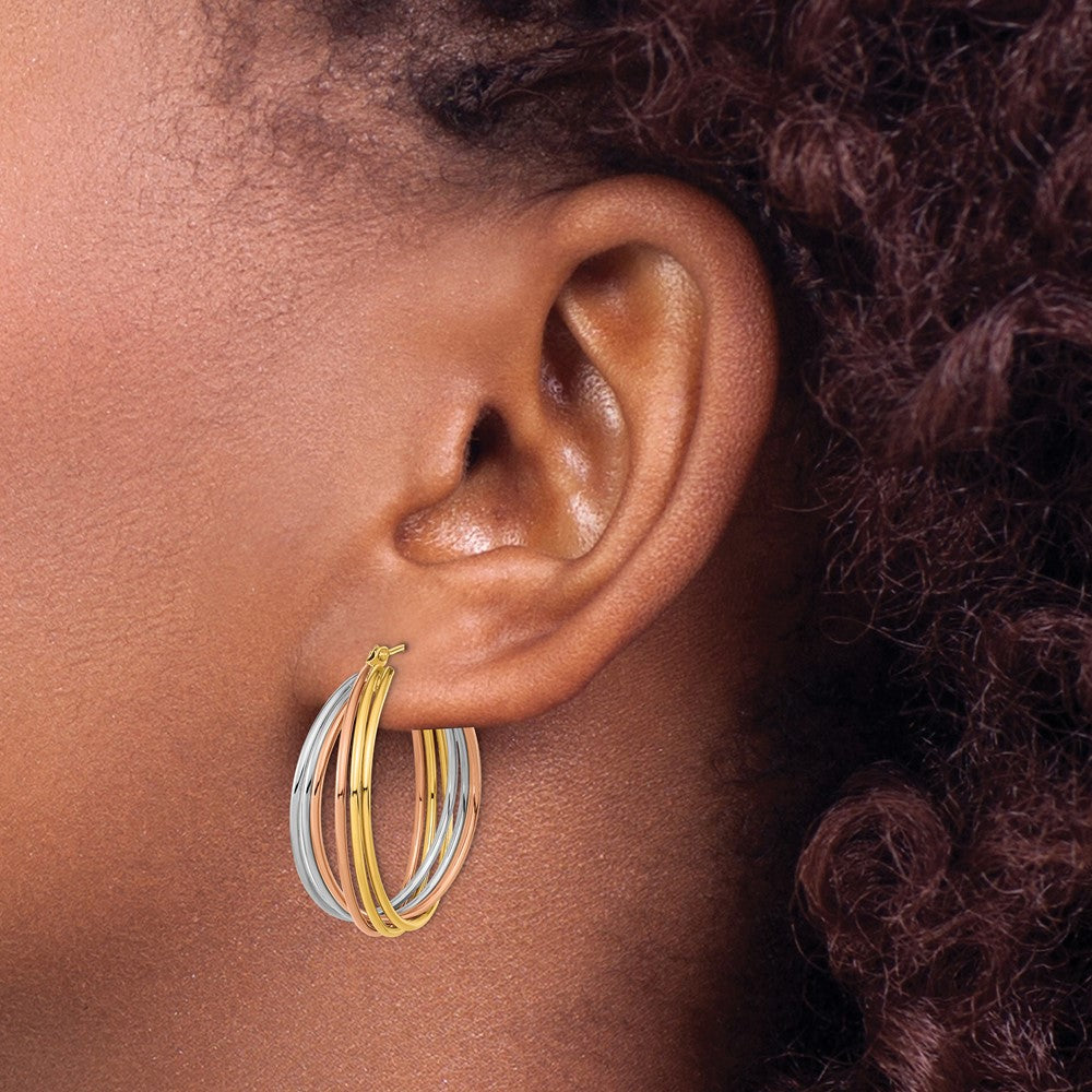 14k Tri-color Fancy Hollow Tube Hoops