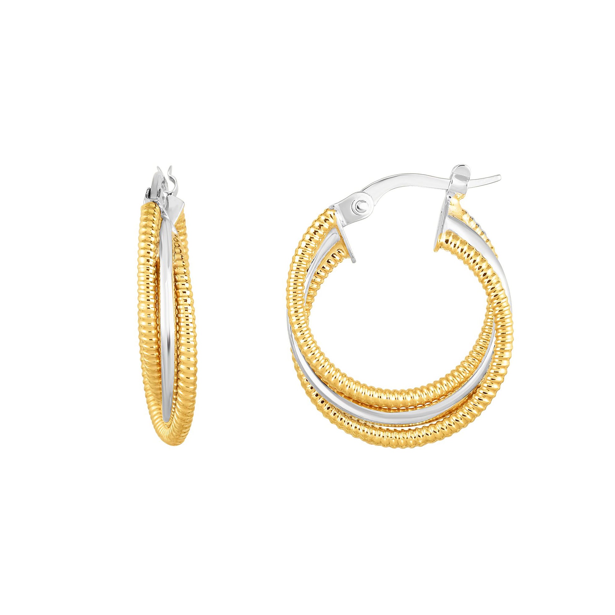 14K Yellow and White Gold Triple Row Polished and Twist Hoop Earring