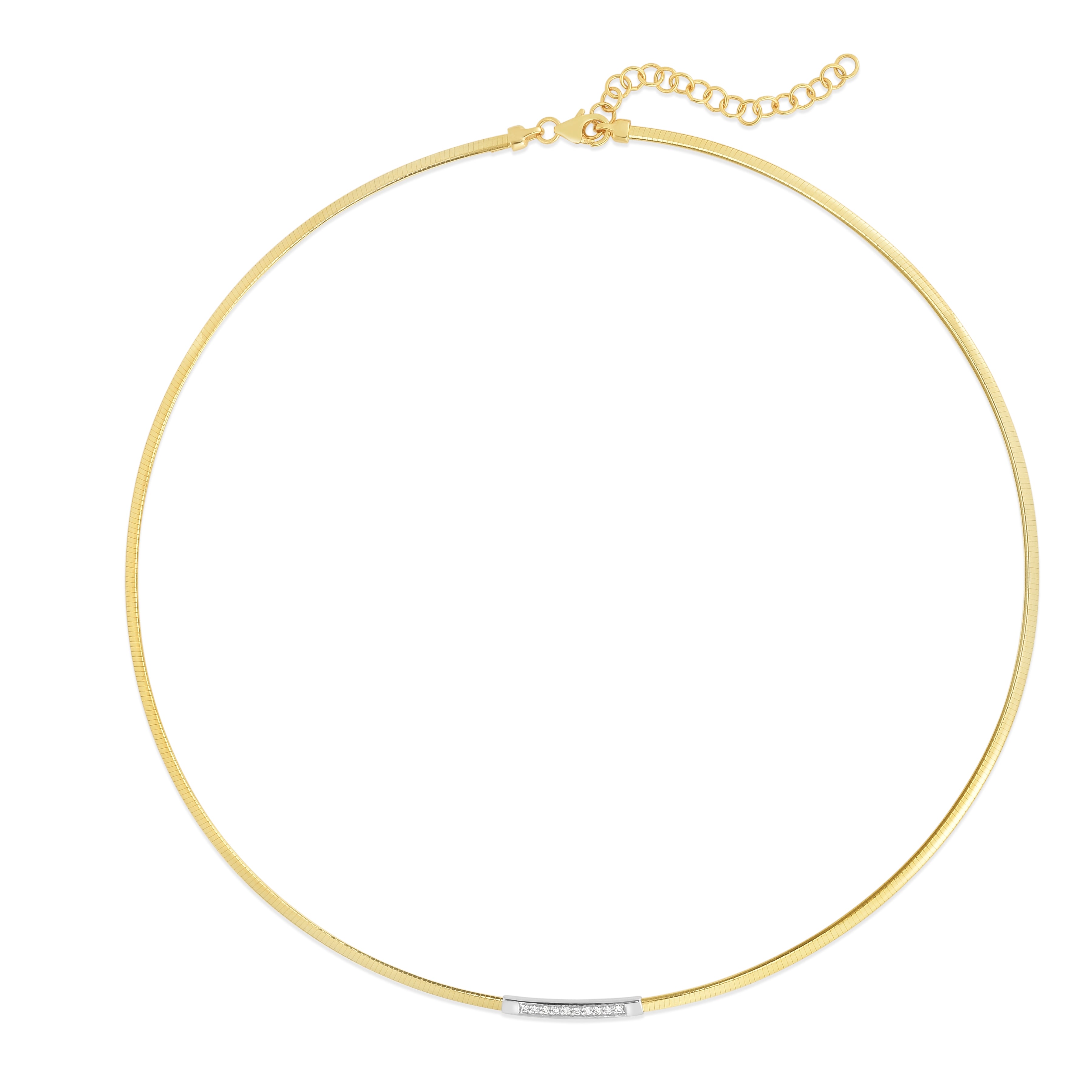 14K Yellow Gold Skinny Omega .08ct Diamond Bar Necklace with Lobster Clasp. 18" Total length with 2" extender included.