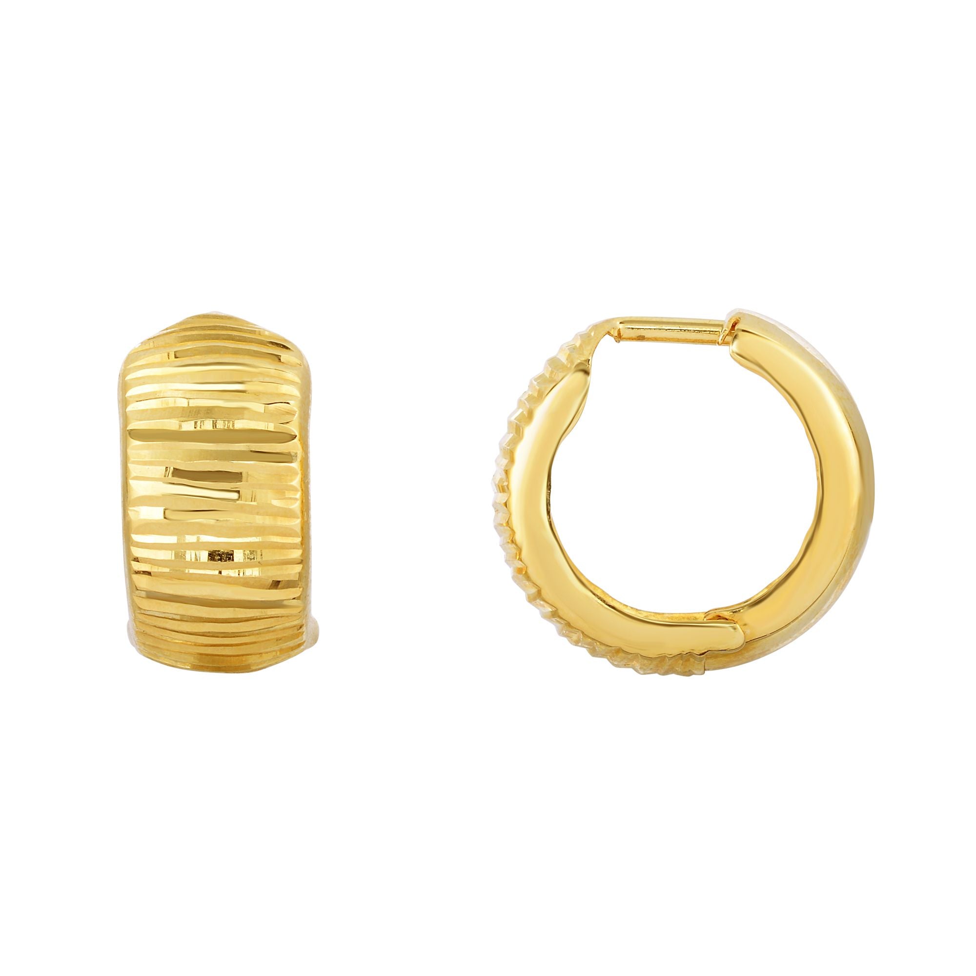 10K Yellow Gold Reversible Polished & Diamond Cut Huggie Earring