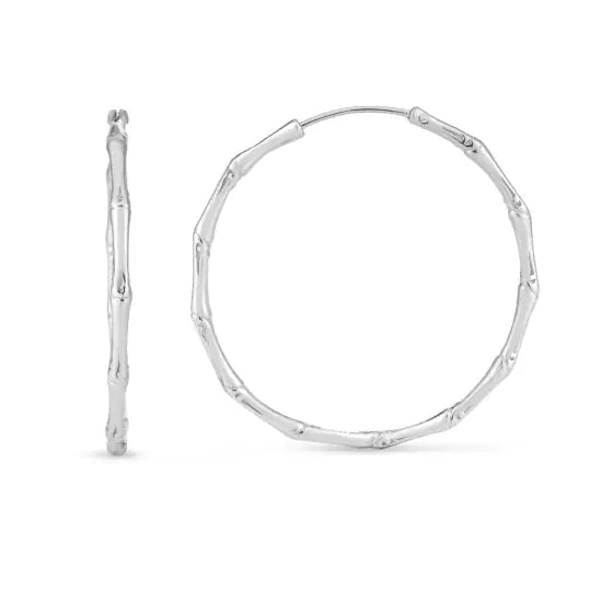 Silver Polished Bamboo Hoop Earrings with Endless Clasp. Rhodium Plated.