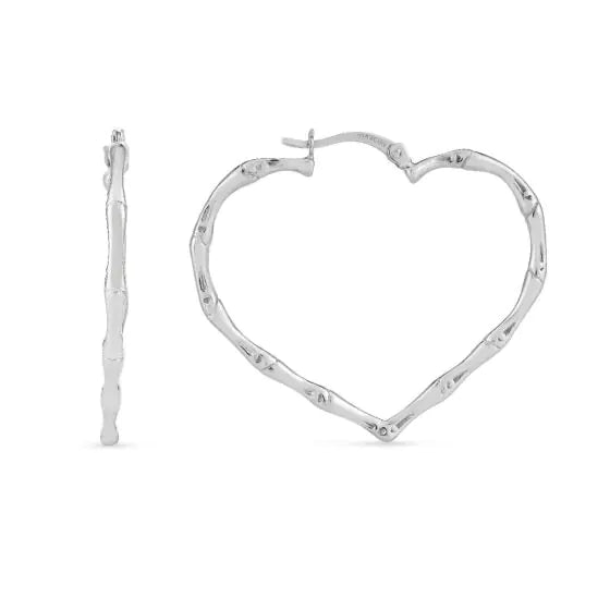 Silver Polished Heart Bamboo Hoop Earrings with Hunged Clasp. Rhodium Plated.