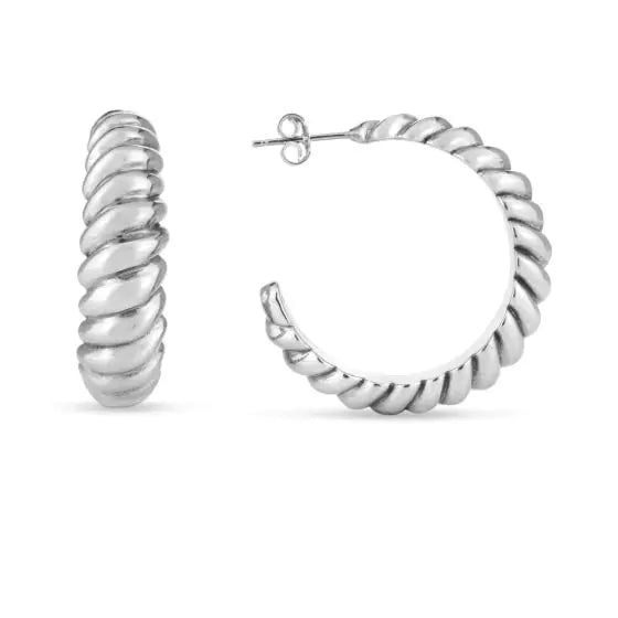 Silver Polished Large Ribbed Hoops Earrings with Push Back Clasp. Rhodium Plated.