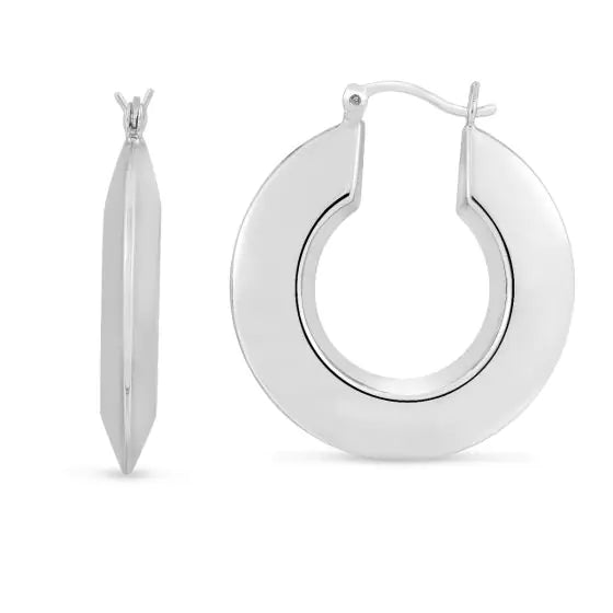 Silver Large Polished Puffed Round Hoops with Hinged Clasp. Rhodium Plated.