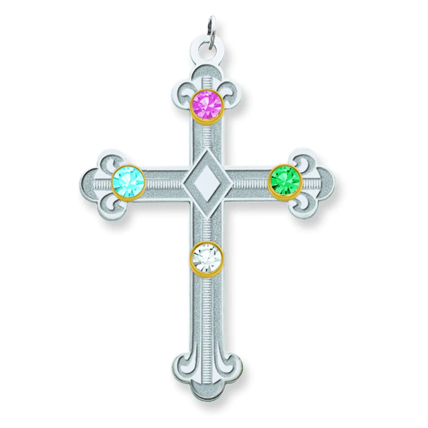 Sterling Silver/14k Bezel Crystal Family Cross Pendant QMP3/4G