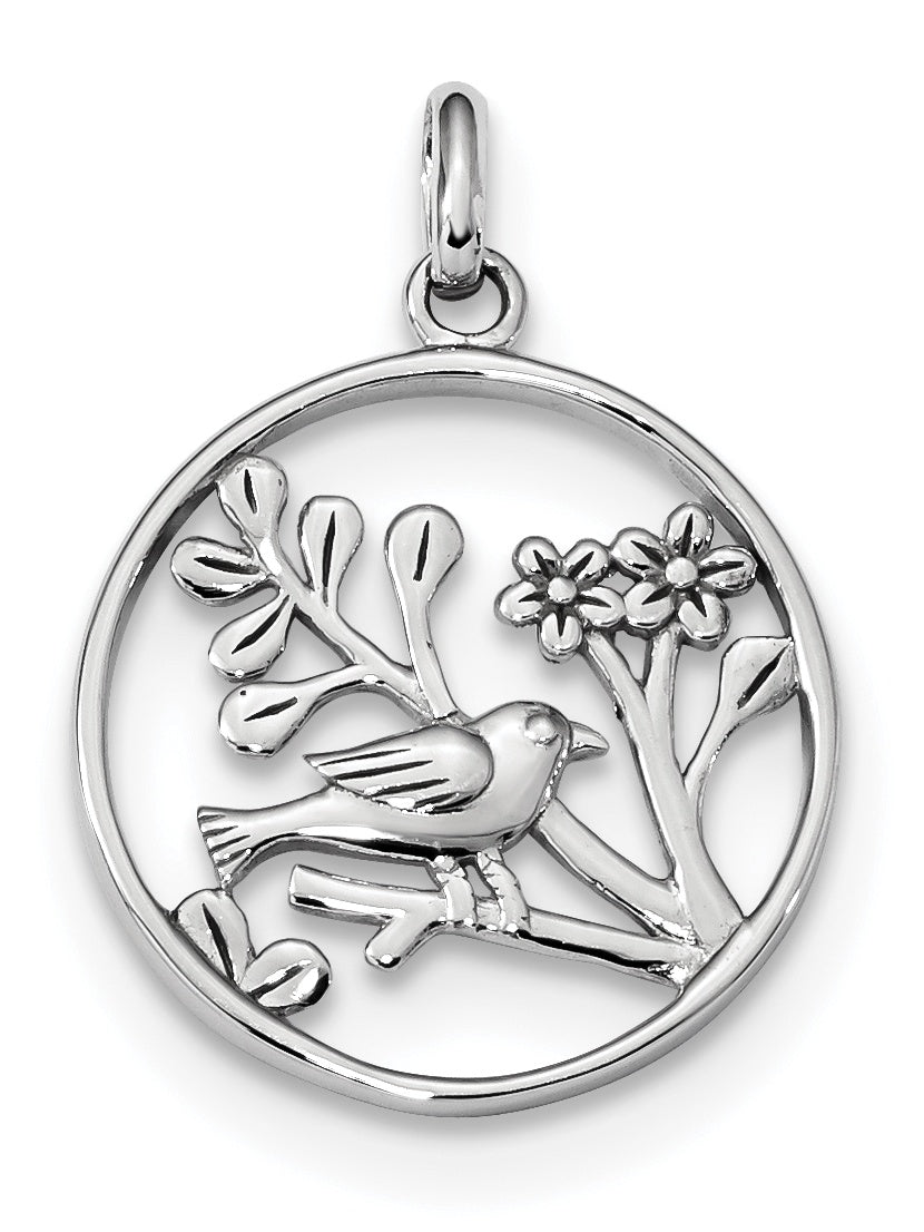 Sterling Silver Rhodium-plated Polished Bird and Flowers Pendant QP4907