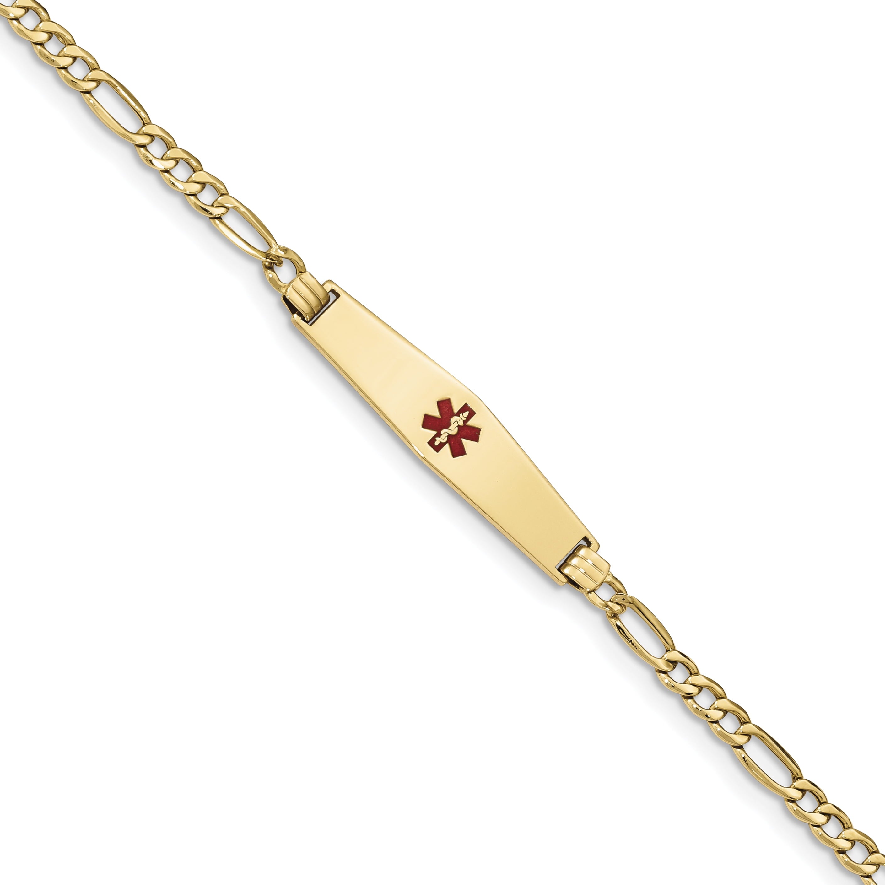 14K Semi-solid Medical Soft Diamond Shape Red Enamel Figaro ID Bracelet