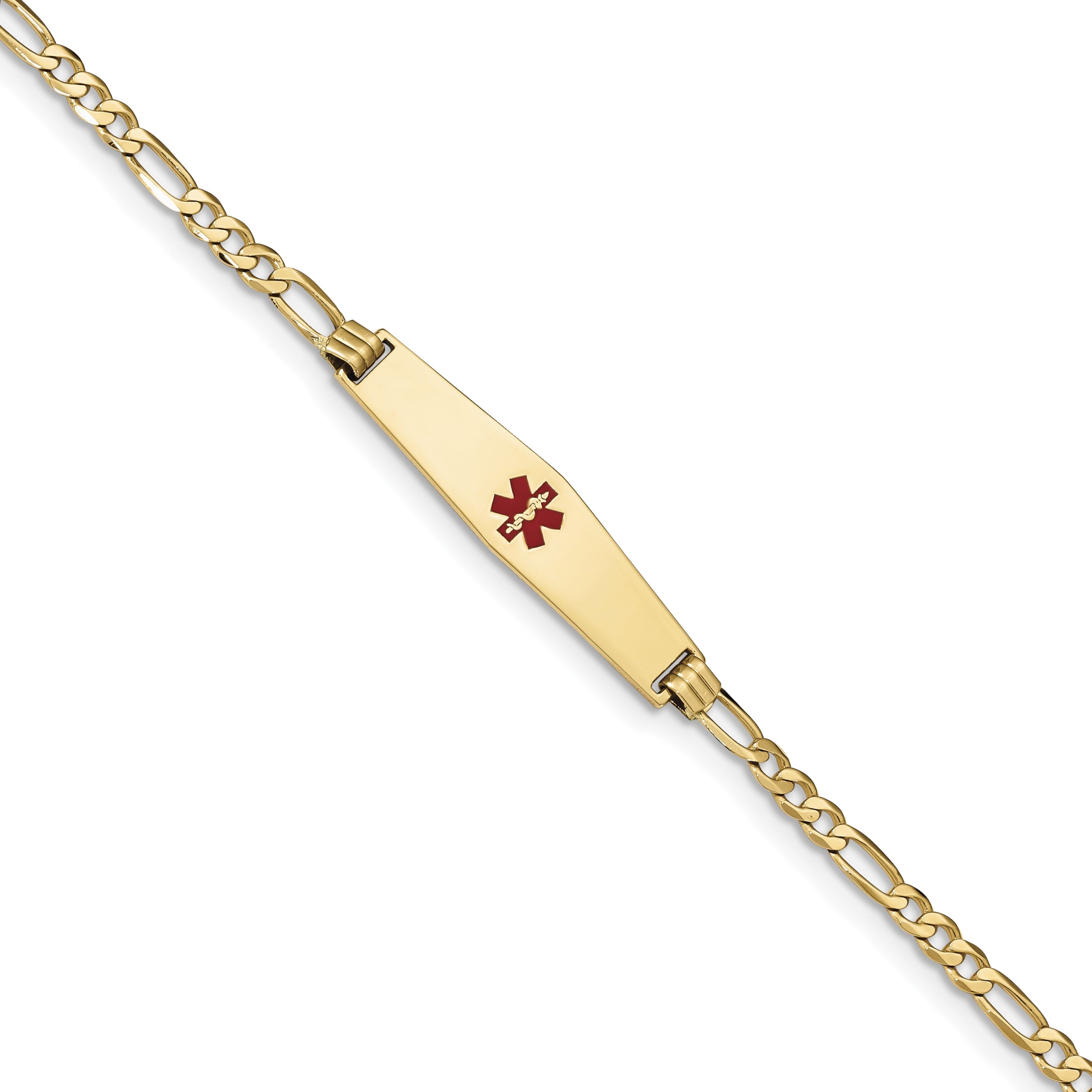 14K Medical Soft Diamond Shape Red Enamel Flat Figaro Link ID Bracelet