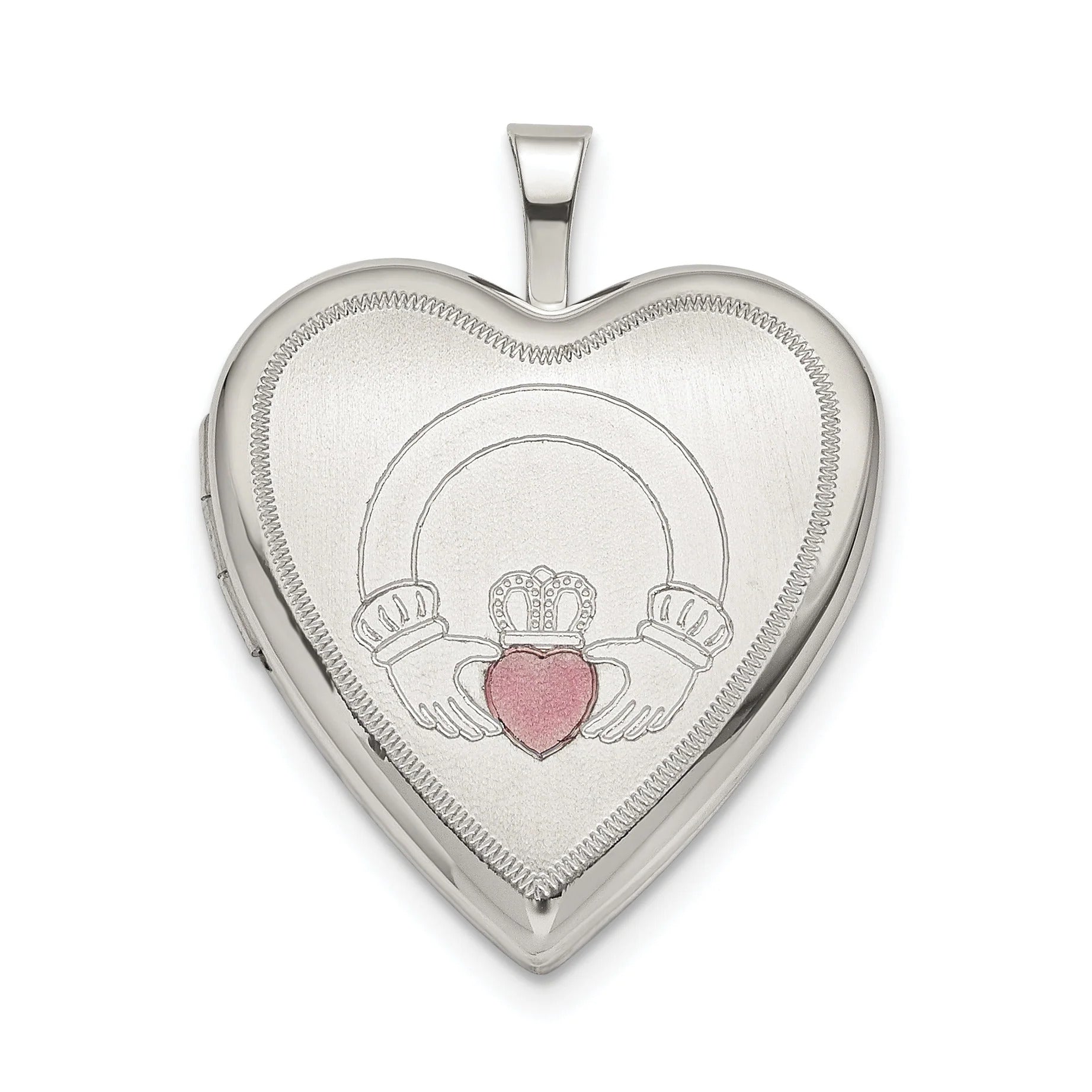 Sterling Silver 20mm Pink Enamel Claddagh Heart Locket QLS801