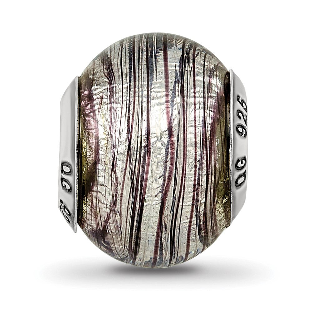 Sterling Silver Reflections Italian Murano Purple Stripes Glass Bead