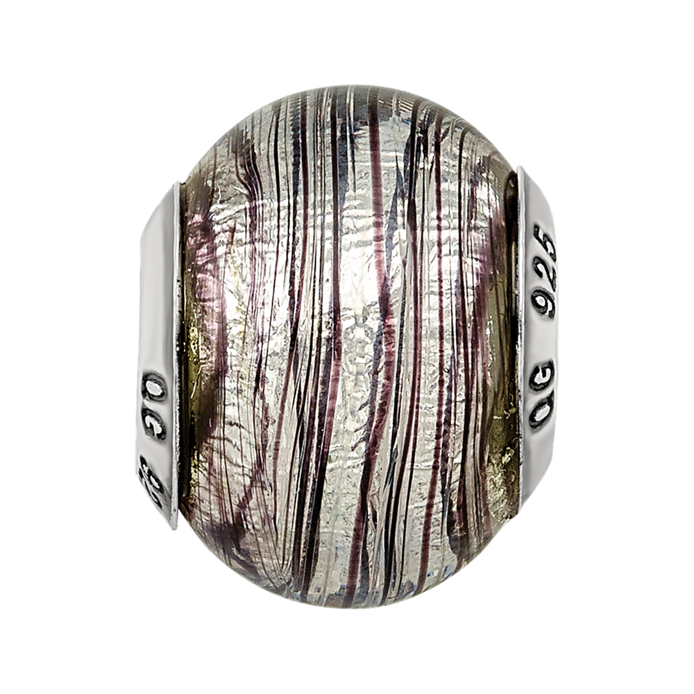 Sterling Silver Reflections Italian Murano Purple Stripes Glass Bead