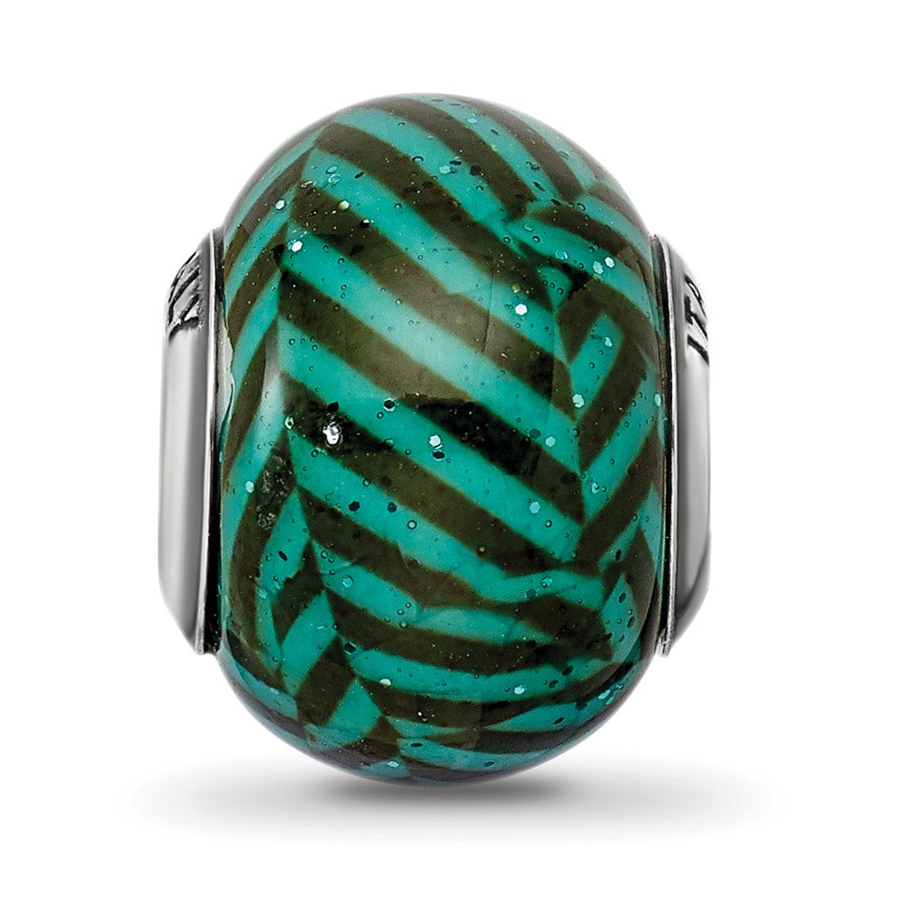 Sterling Silver Reflections Italian Teal Stripes w/Glitter Glass Bead