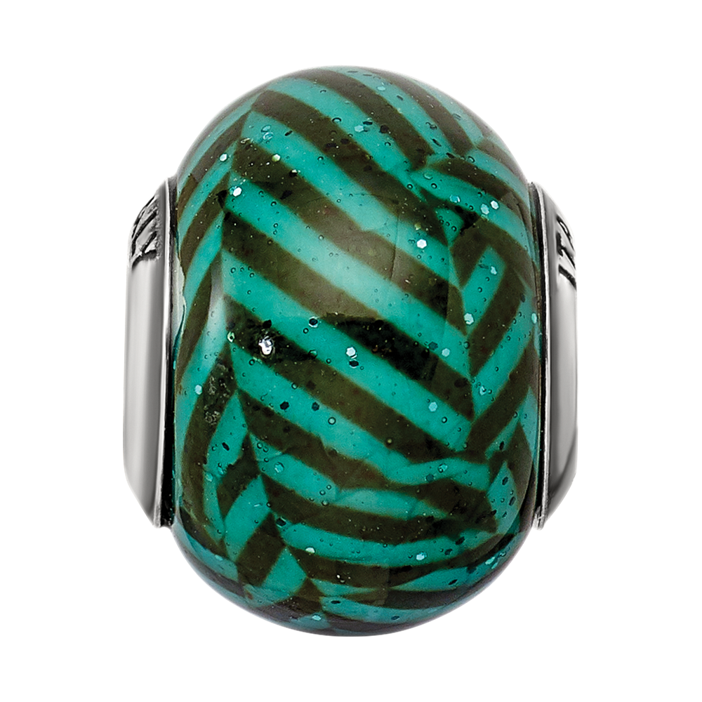 Sterling Silver Reflections Italian Teal Stripes w/Glitter Glass Bead