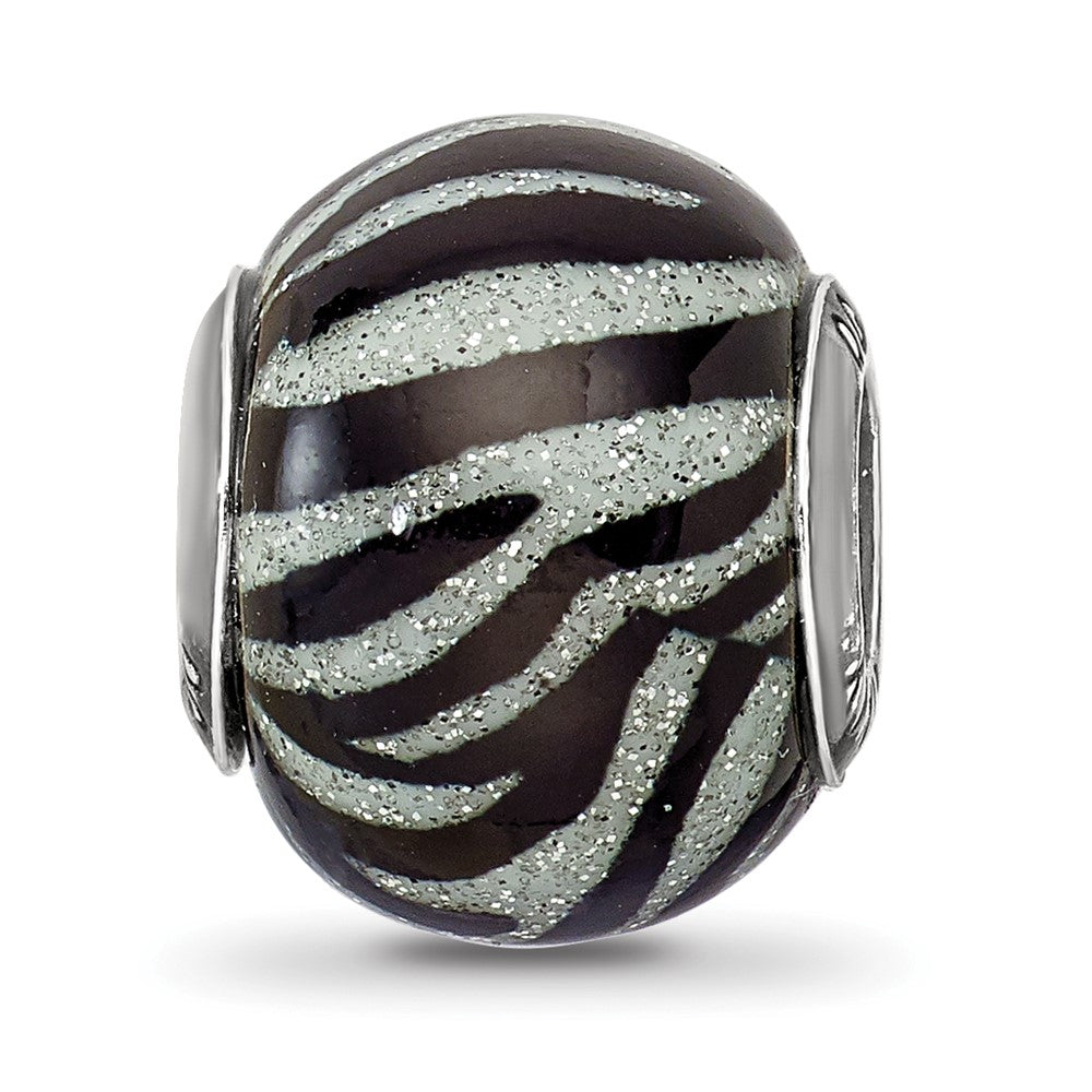 Sterling Silver Reflections Italian Black & White Stripes Glass Bead