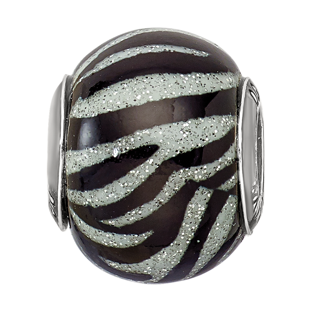 Sterling Silver Reflections Italian Black & White Stripes Glass Bead