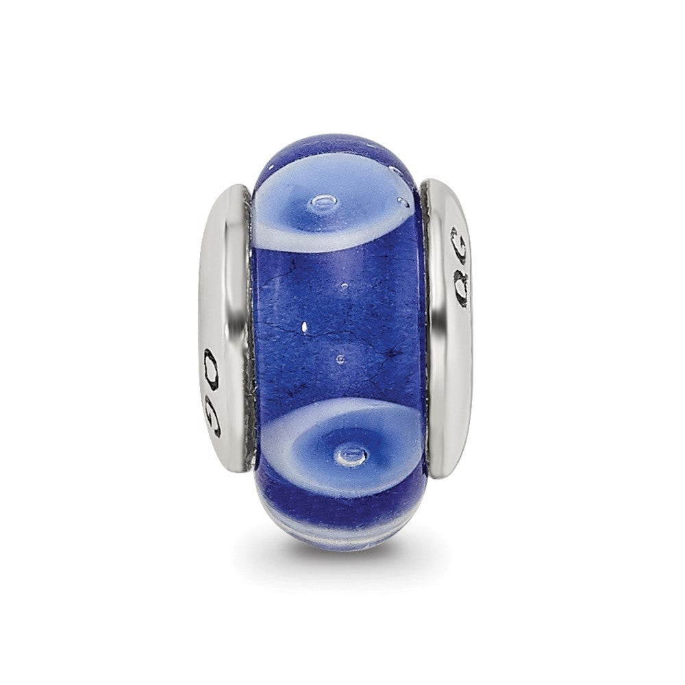 Kids Collection Sterling Silver Hand-blown Blue with White Dots Pattern Glass Reflections Bead