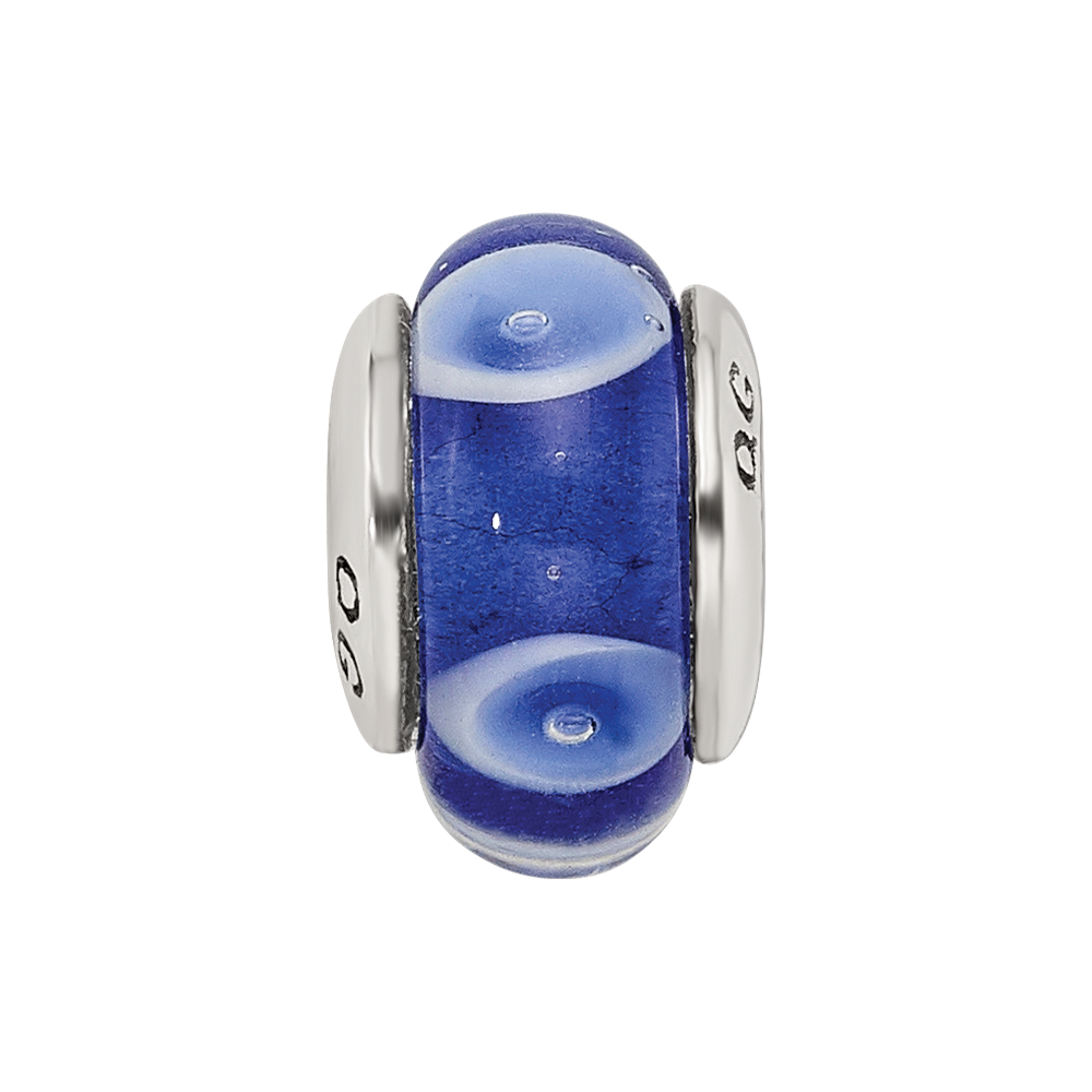 Kids Collection Sterling Silver Hand-blown Blue with White Dots Pattern Glass Reflections Bead