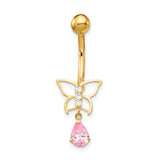 Core Gold 10k W/Dangle Butterfly/Pink Cz Belly Dangle