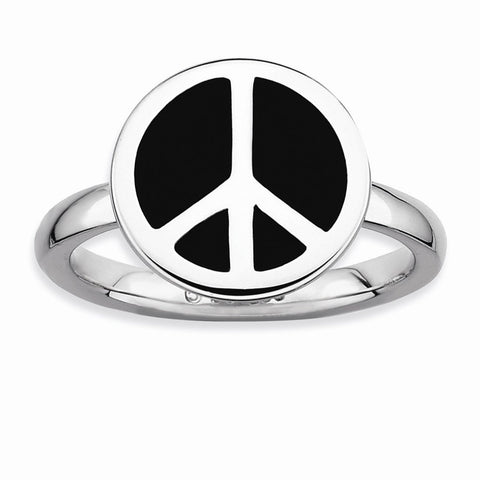 SS Stackable Expressions Polished Black Enameled Peace Sign Ring Size 9