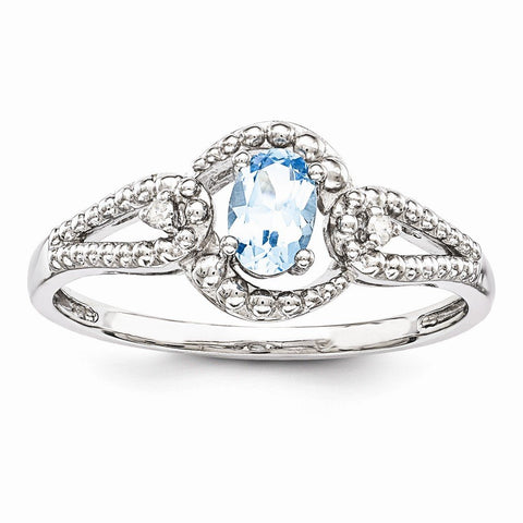 925 Sterling Silver Rhodium-Plated Light Swiss Blue Topaz and Diamond Ring