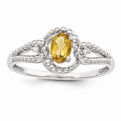 925 Sterling Silver Rhodium-Plated Citrine and Diamond Ring