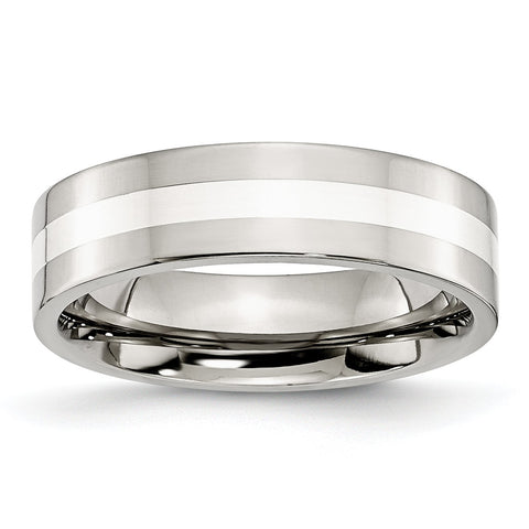 Stainless Steel Sterling Silver Inlay Flat 6mm Polished Band Ring 10.5 Size