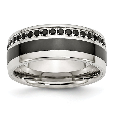 Stainless Steel Polished Black Ceramic Inlay CZ 9.00mm Band Ring 9 Size