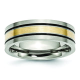 Titanium 14k Yellow Inlay Flat 7mm Brushed and Antiqued Band Ring 9 Size