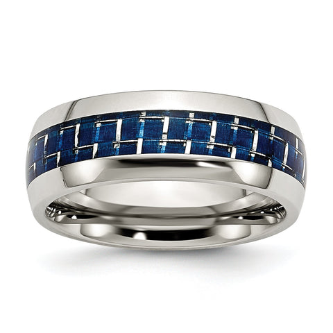 Stainless Steel Blue Carbon Fiber Inlay Polished Band Ring 11 Size