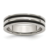 Stainless Steel 6mm Grooved and Black Rubber Band Ring 7.5 Size
