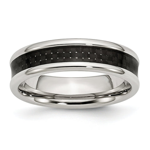 Stainless Steel Polished with Black Carbon Fiber Inlay 6mm Band Ring 12.5 Size
