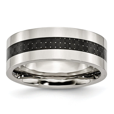 Stainless Steel Black Carbon Fiber Inlay Flat 8mm Polished Band Ring 9 Size