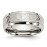 Stainless Steel Beveled Edge 8mm Hammered and Polished Band Ring 9 Size