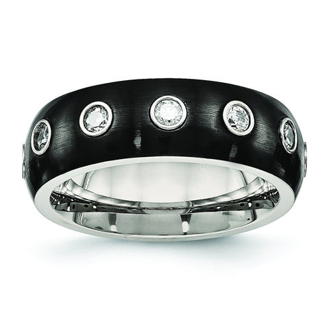 Stainless Steel Brushed and Polished Black IP CZ Half Round Ring 10 Size