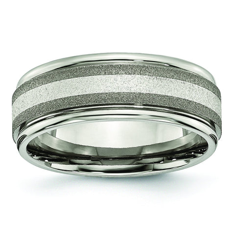 Titanium Polished /Stone Finish Center Grooved Edge Sterling Inlay Band Ring 7.5 Size