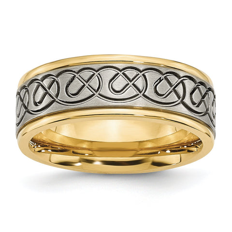 Titanium Scroll Design Yellow IP-plated Grooved Edge Brushed/Polished Band Ring 9.5 Size