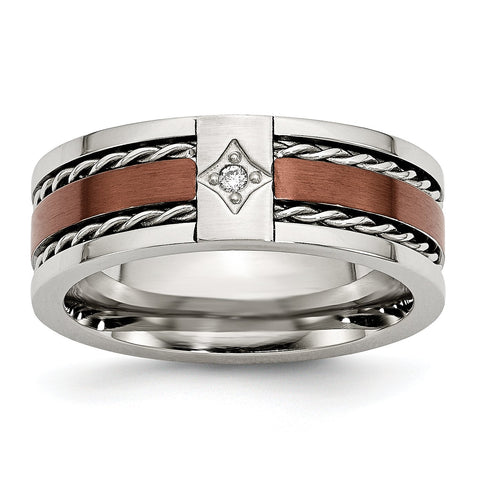Stainless Steel Brushed Brown IP-plated with Diamond 8mm Polished Band Ring 10 Size