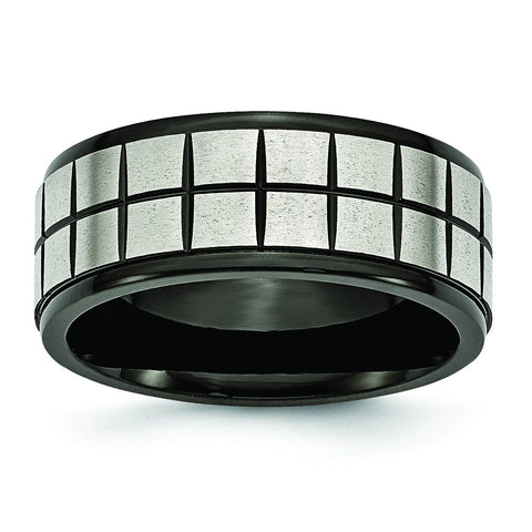 Stainless Steel Brushed & Black IP-plated 9mm Band Ring 12.5 Size