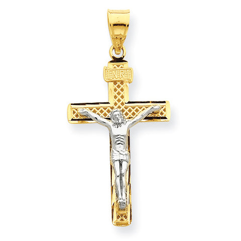 14K Two-tone D/C Large Block Lattice Cross w/Crucifix Pendant C4347 - shirin-diamonds