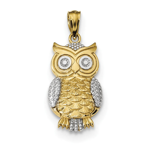 14K & Rhodium Polished & Textured Owl Pendant K5978 - shirin-diamonds