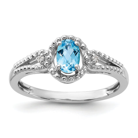 925 Sterling Silver Rhodium-Plated Light Swiss Blue Topaz and Diamond Ring