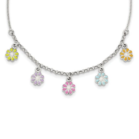 Sterling Silver Polished Enamel Flower Childs Necklace QG4091 - shirin-diamonds