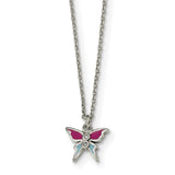 Sterling Silver Polished & Enameled CZ Butterfly 14in Necklace QG4659 - shirin-diamonds