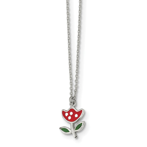 Sterling Silver Polished & Enameled Red Flower 14in Necklace QG4661 - shirin-diamonds