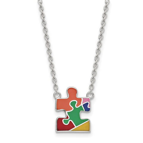 Sterling Silver Rhod-plated Enameled Autism Puzzle Piece Necklace QG4676 - shirin-diamonds