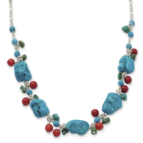 Sterling Silver Dyed Howlite/Turquoise/Red Coral Necklace QH2313 - shirin-diamonds